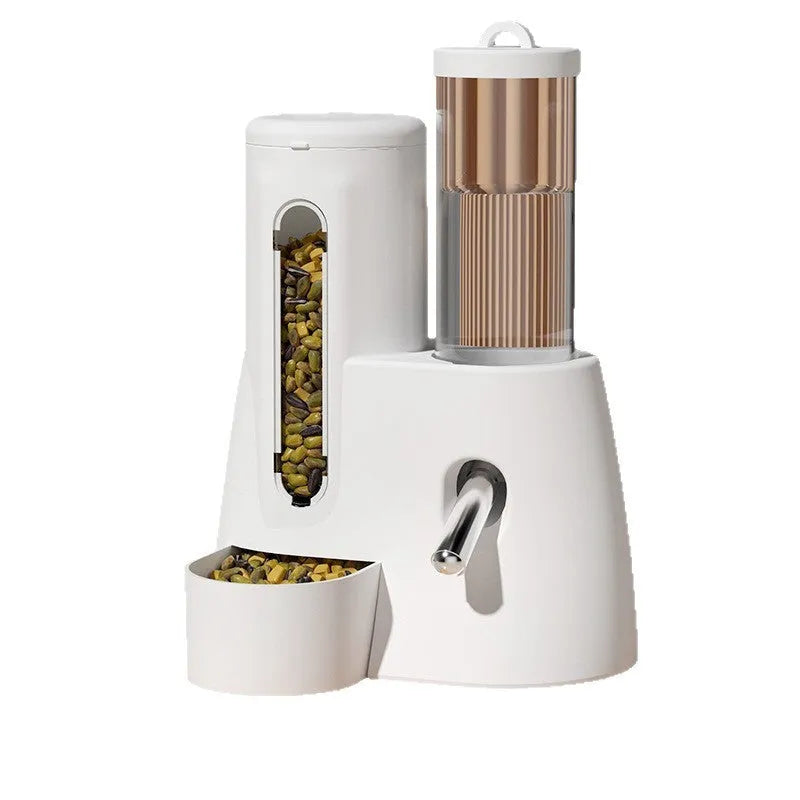 White automatic water bottle holder with attached food basin for a hamster cage.