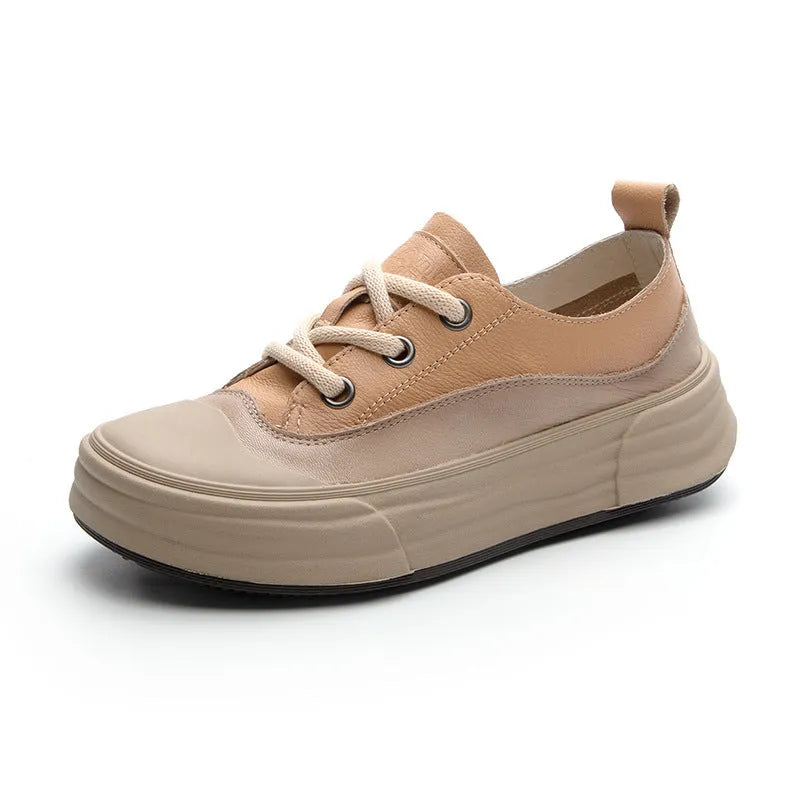 Women's matcha green leather platform sneakers with round toe and front laces on a white background.