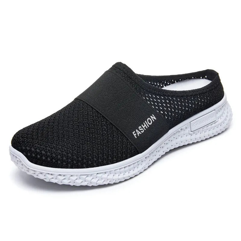 Women's breathable mesh casual shoes with flat heel and round toe in black, grey, pink, or purple