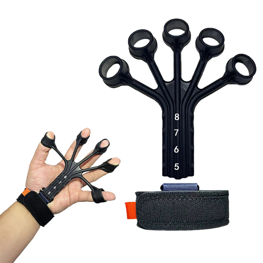 Silicone finger flexion and extension rehabilitation trainer with adjusting belt in black or grey.
