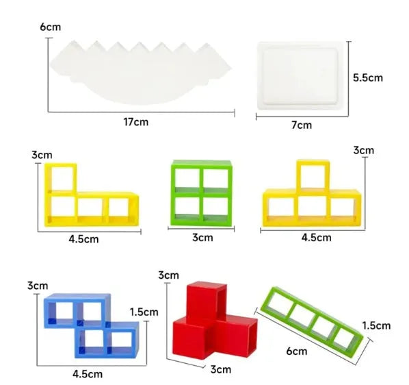 Plastic balance stacking board game with 16 colourful blocks on chassis and base