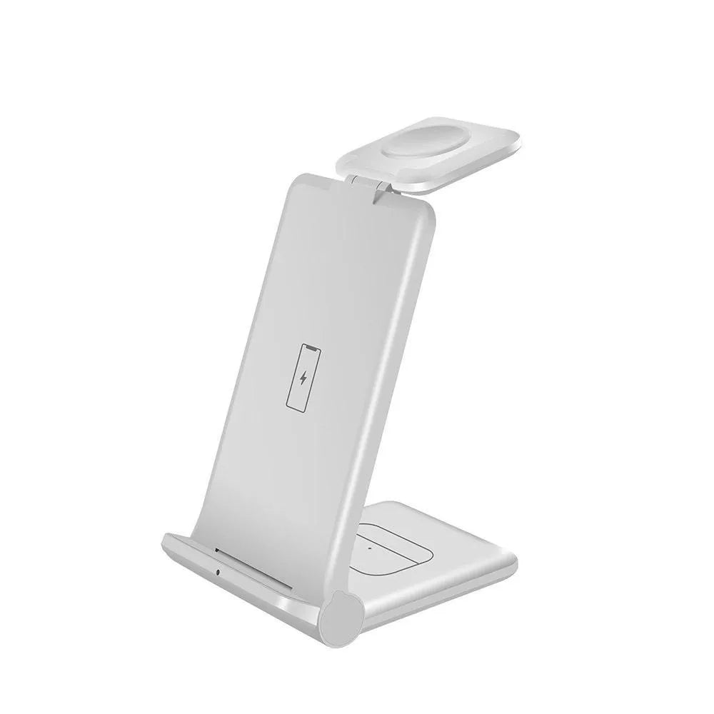 White foldable 3-in-1 wireless charging station for iPhone, Apple Watch, and AirPods.