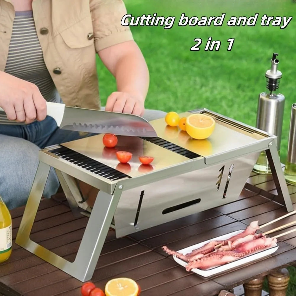 Small foldable steel charcoal grill shown in open cooking position and folded for storage.