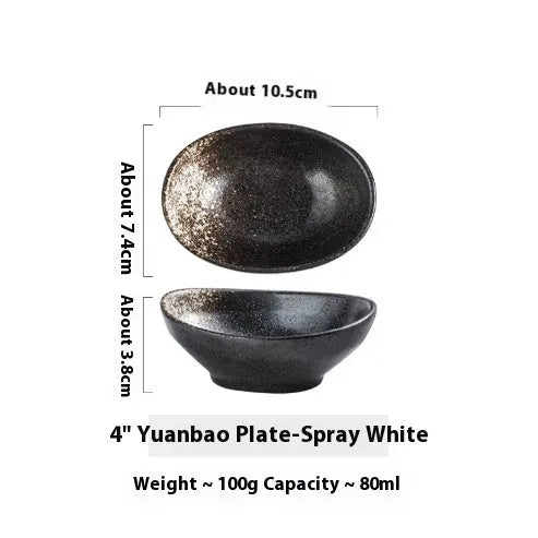 Japanese ceramic oval sauce dipping bowl with decorative glaze pattern