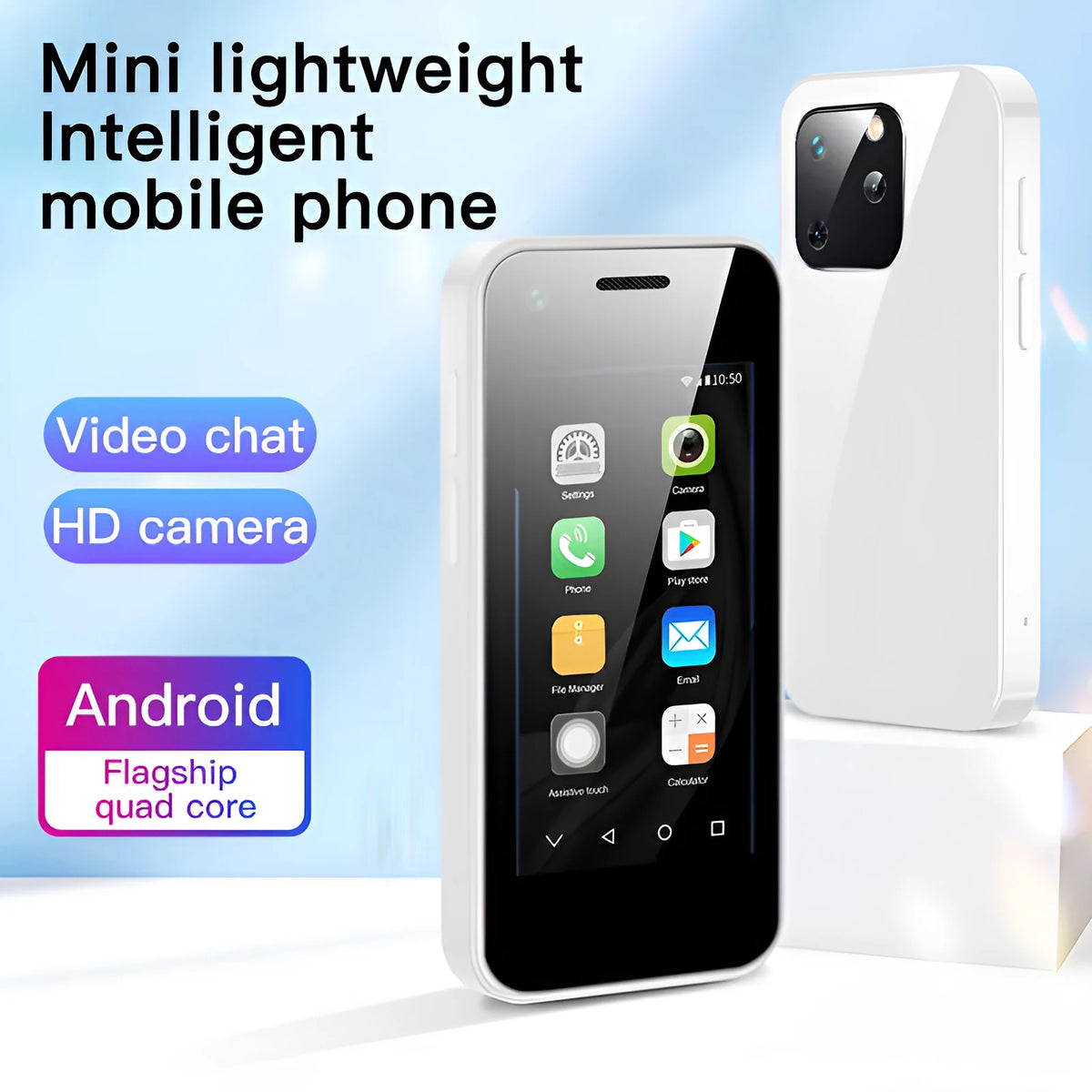 Android mini mobile phone with small 2.5 inch screen in Phantom Night Black colour.