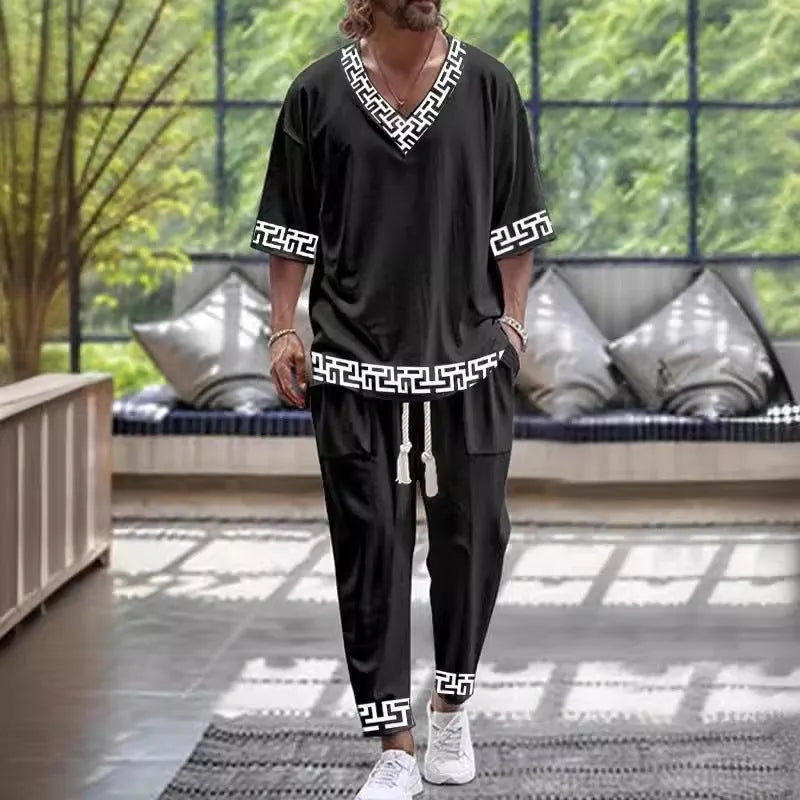 Men's cropped sleeve V-neck polyester suit in thin fabric with trousers, available in multiple colours and sizes S to 6XL