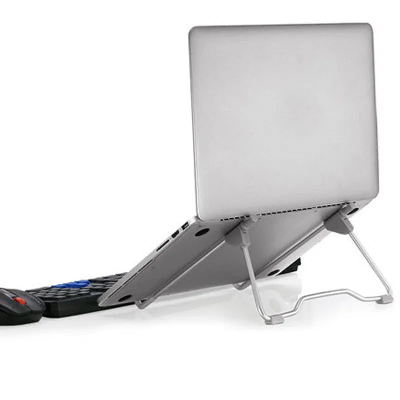 Grey aluminium and plastic adjustable stand holding a mobile phone and a tablet.