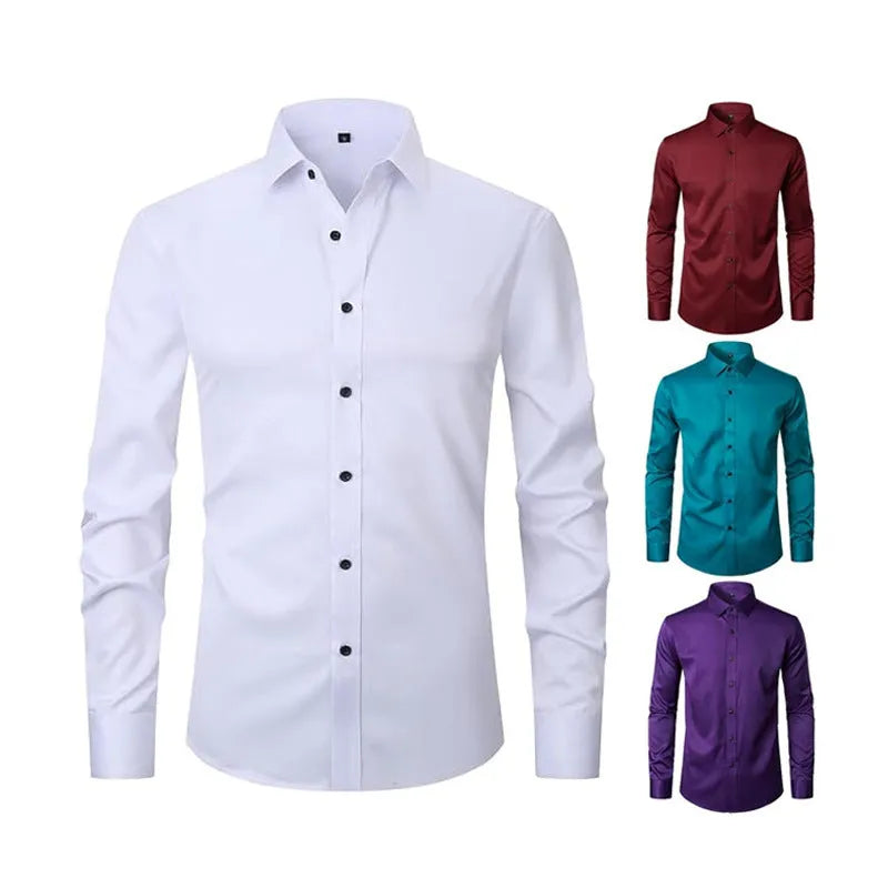 Man wearing a stretch long sleeve polyester work shirt in a solid colour.