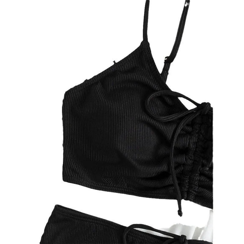 Black high waist bikini swimsuit with sling split design for women
