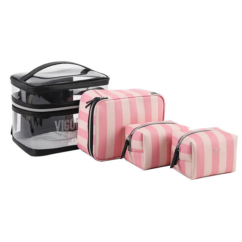Pink striped floral pattern waterproof synthetic leather folding makeup bag with nylon lining