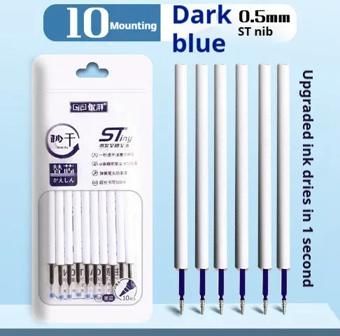 Four bullet pen refills showing black, blue, red, and ink blue ink colours with quick-drying technology