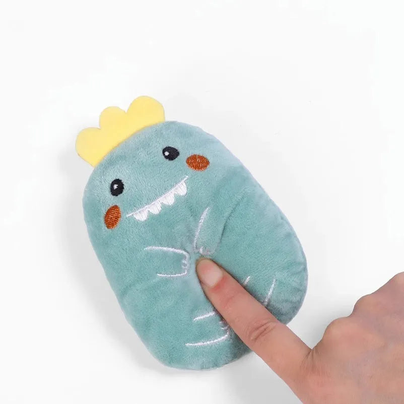 Small plush cat toy with catnip for teeth grinding and chewing play, measuring 11cm long in various animal designs and colours