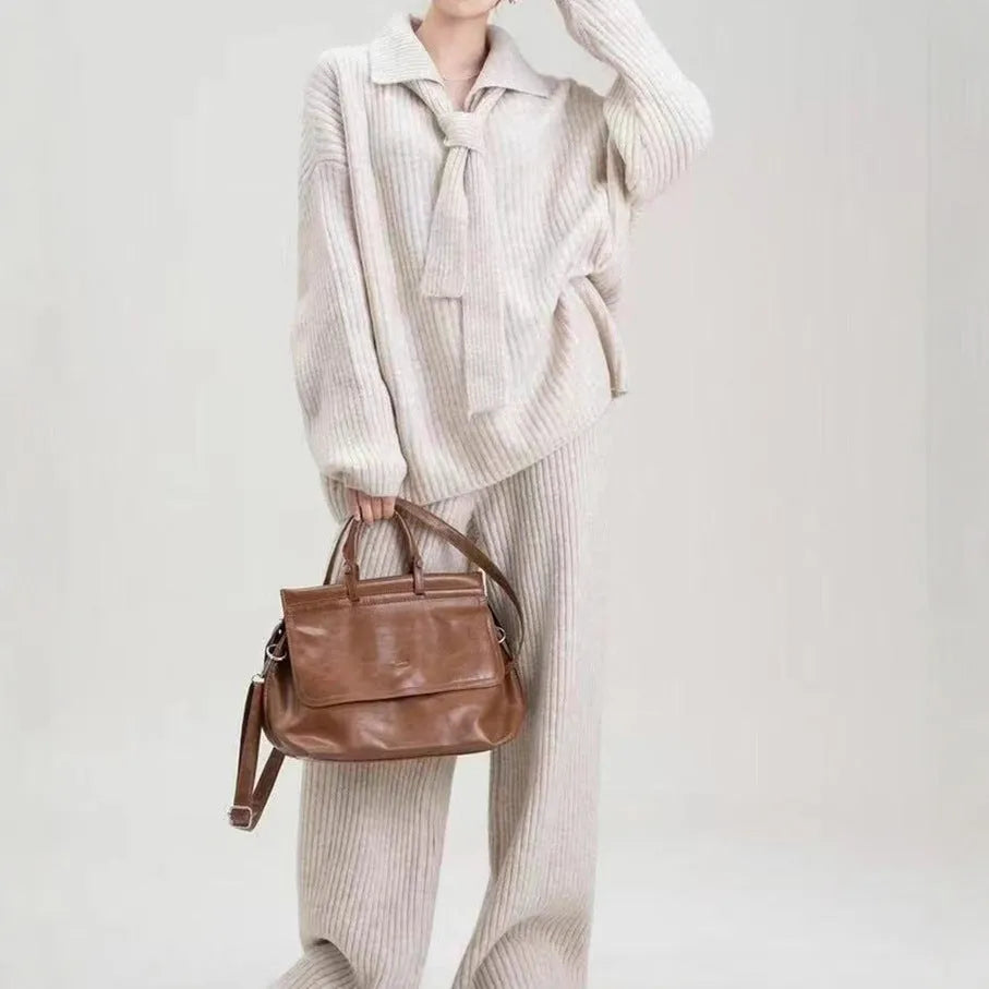 Women's imitation cashmere two-piece sweater set with knitted top and matching trousers in four colour options