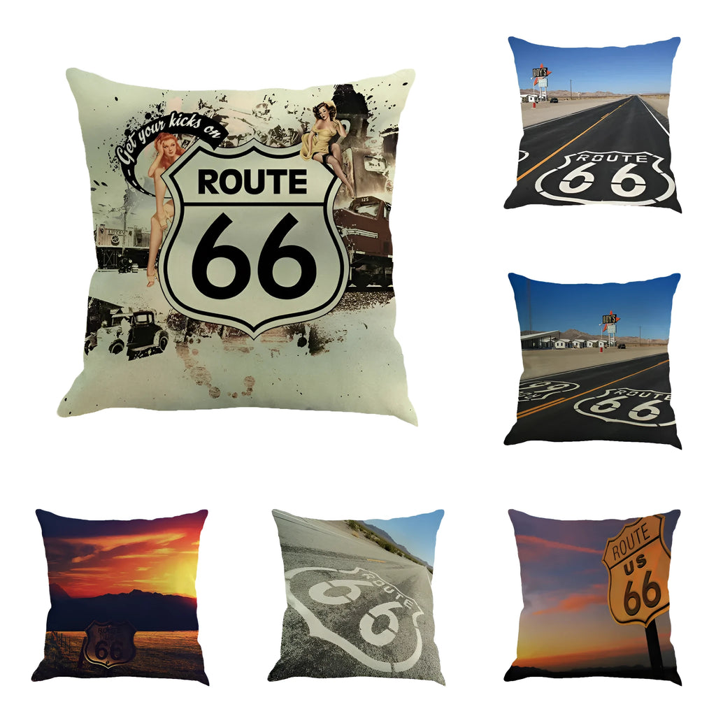 Square linen cushion cover with Route 66 road landscape pattern, shown in one of six available colours.