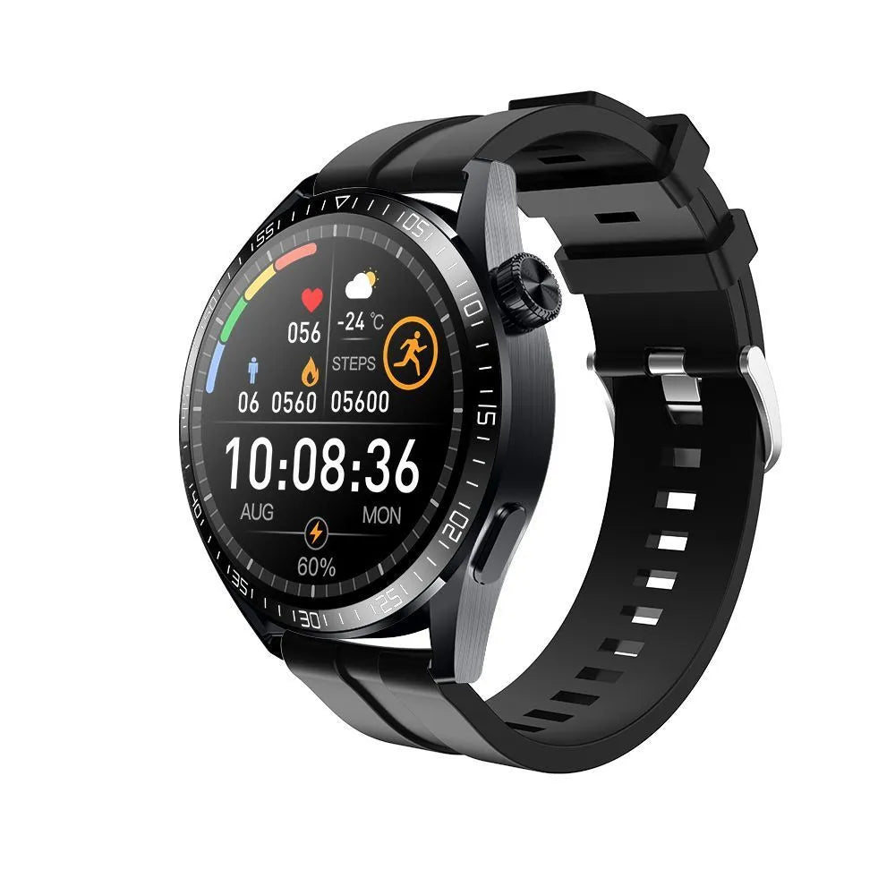 GS3 Max black smartwatch on wrist showing health stats on its 1.35-inch IPS screen with silicone strap.