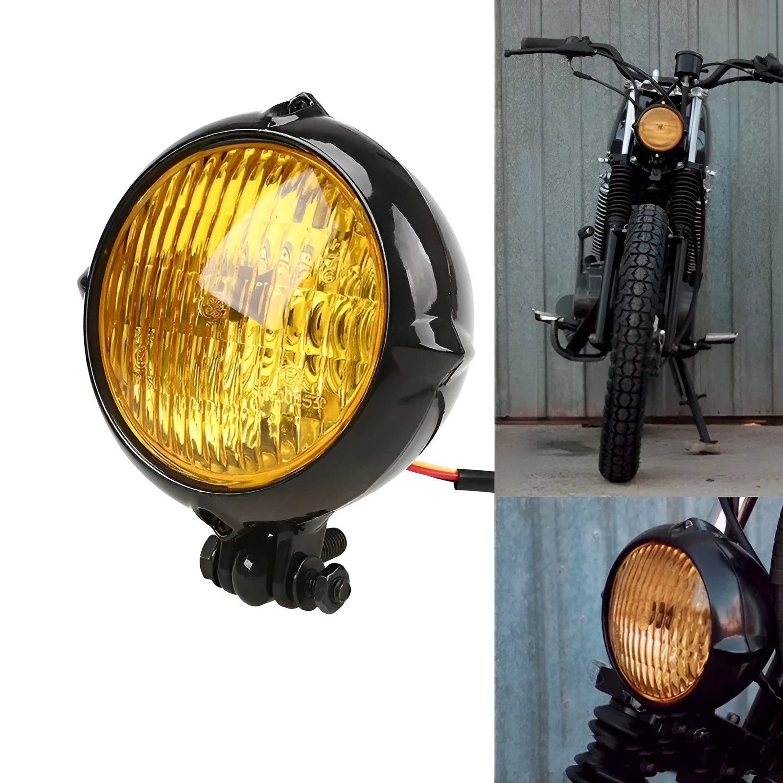Black electroplated aluminium motorcycle headlight with halogen bulb for classic custom bike builds.
