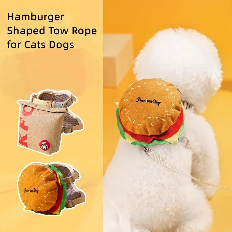 Cartoon hamburger design adjustable escape-proof vest harness and leash for a dog on a walk.