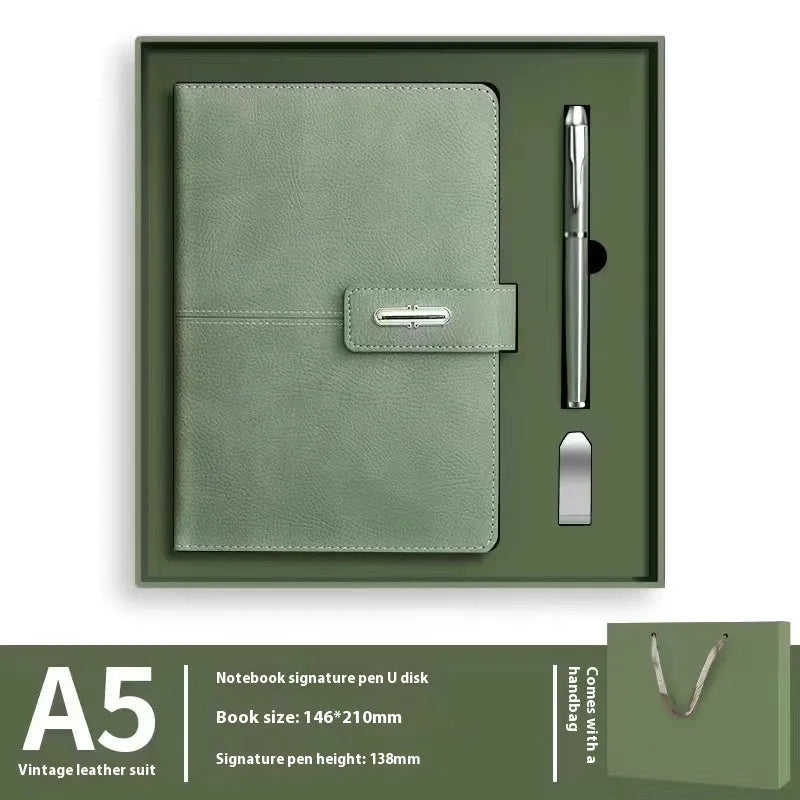 A5 notebook with a PU leather cover, open to show wood-free paper pages.