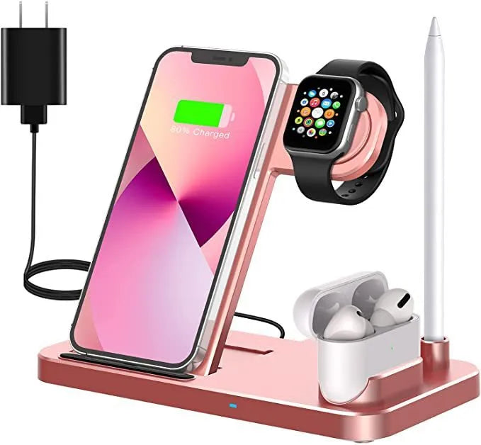 A folded 4-in-1 wireless charger for Apple devices in Space Grey, showing MagSafe pad and Apple Pencil slot.
