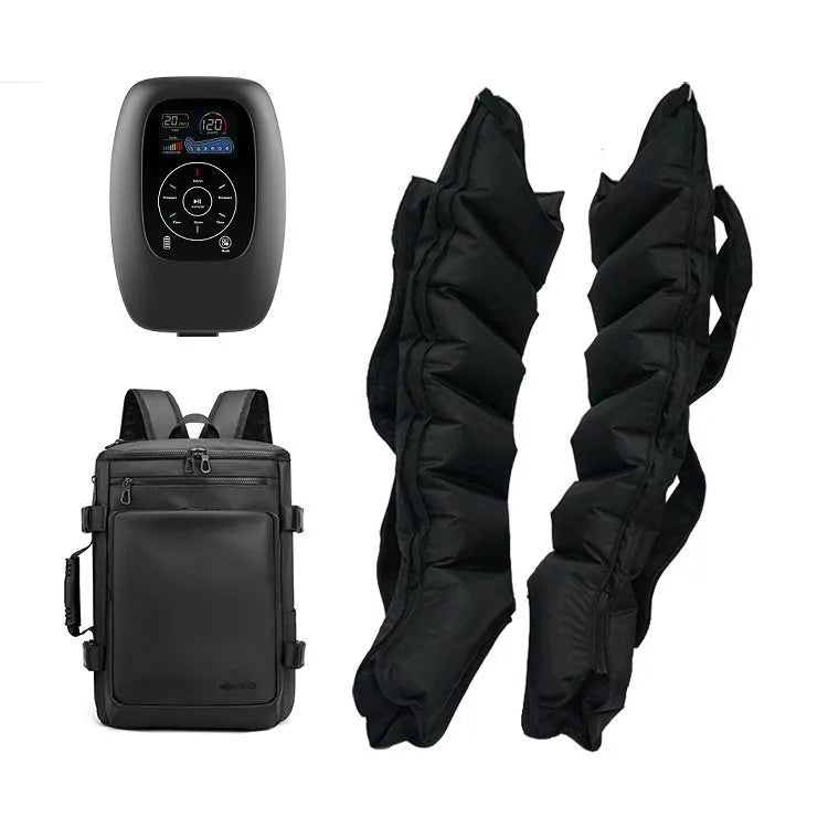 Air compression leg arm waist massager unit with handheld remote control, showing L XL XXL size options