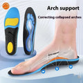 Blue and green flat foot correction instep insoles showing PU construction with unisex design