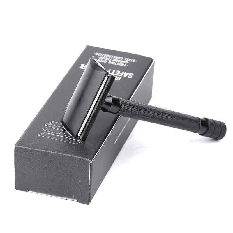 Manual barber shaving razor and brush combination set in traditional metal construction