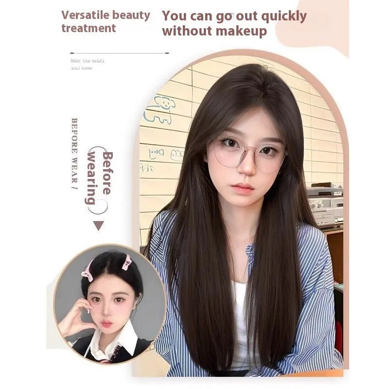 Full-head forehead lace wig in long straight style with dark brown hair colour.