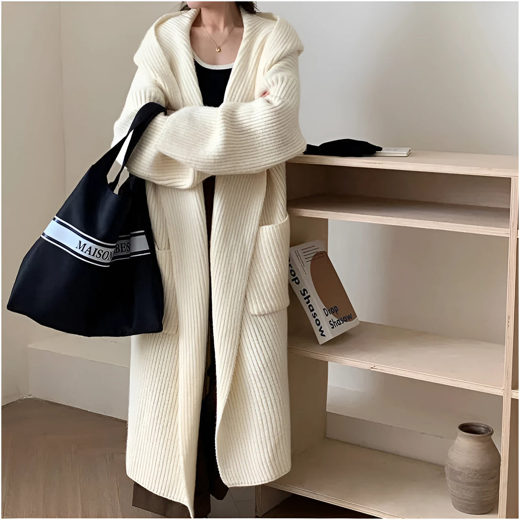 Loose hooded sweatshirt women's extended cardigan coat in milky white black grey purple brown acrylic fabric