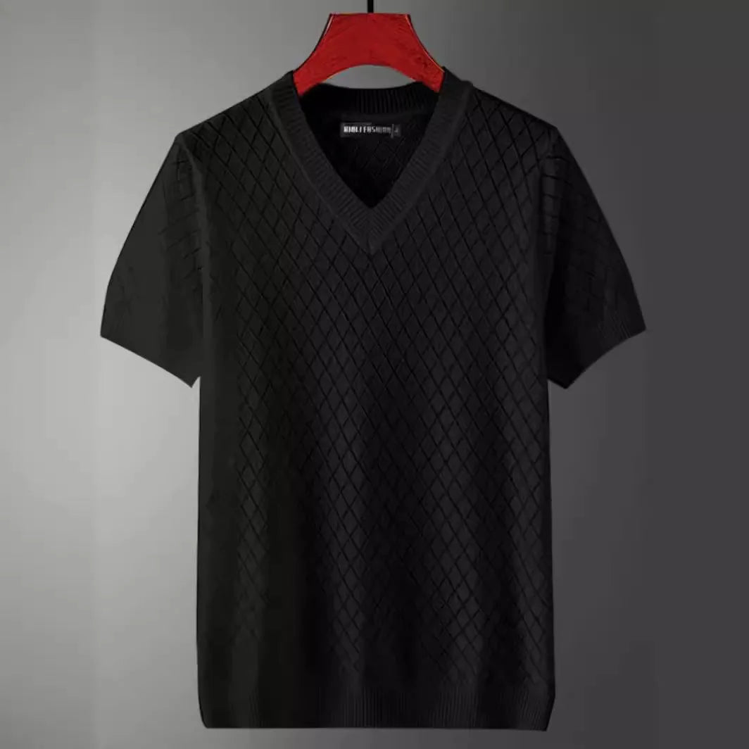 Men's ice silk V-neck summer top in black and white colour options