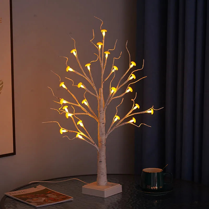 60 cm tall white mushroom tree lamp with warm LED lights and 24 small removable mushroom flowers