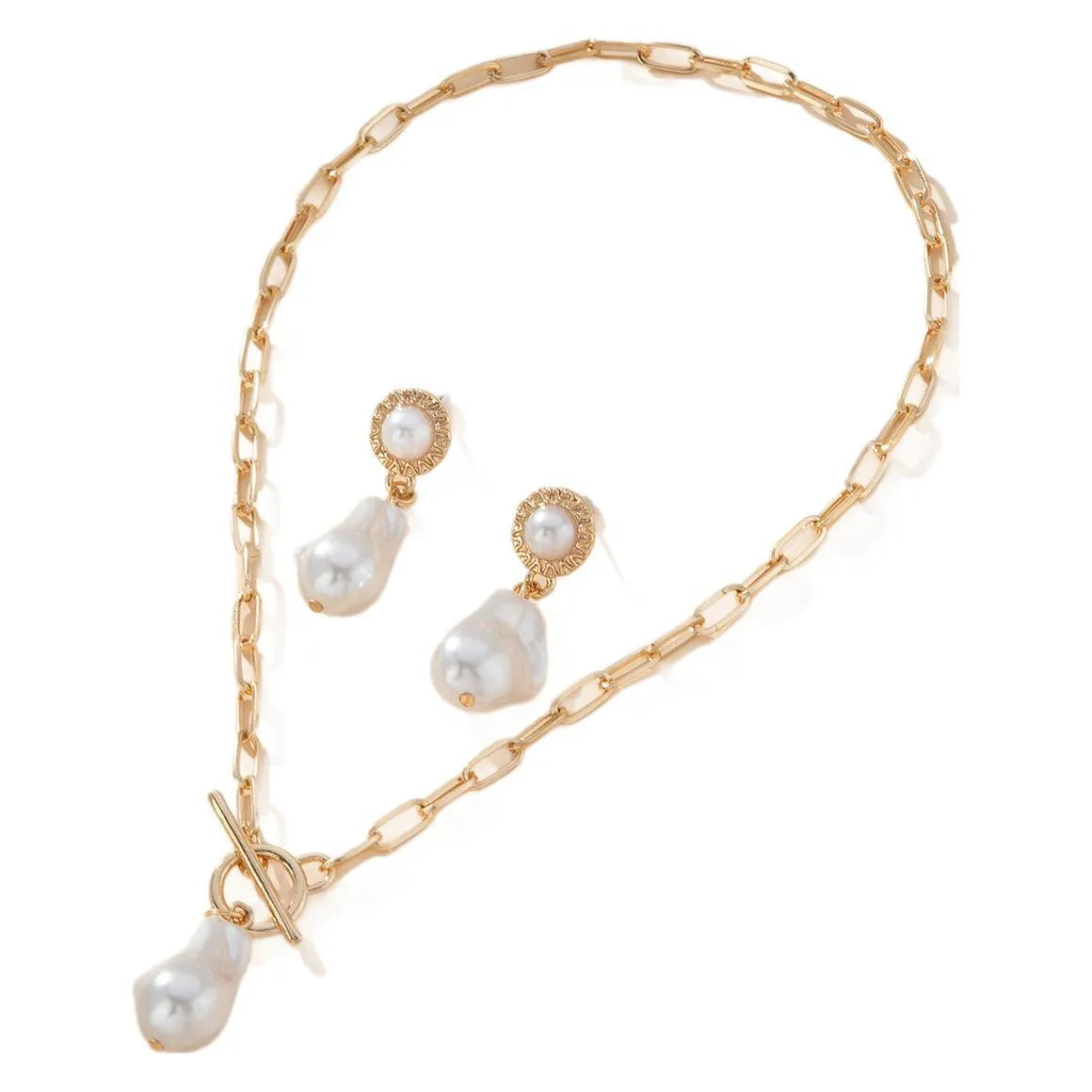 Gold retro Baroque style pearl pendant necklace and matching ear studs set for women