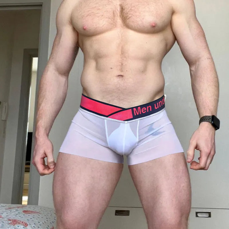 Men's low waist nylon underwear with gradient laser print in black, red, or white.