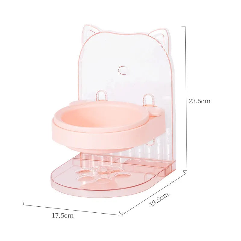 Grey cat feeding bowl with cat ears design, adjustable height, and removable hanging cage attachment