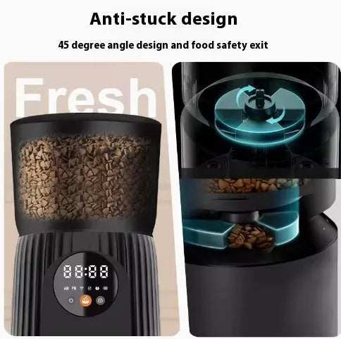 Black intelligent pet feeder with automatic timing and USB power connection for remote feeding
