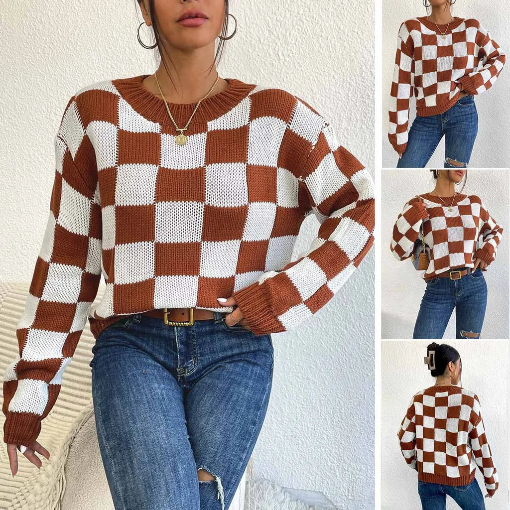 Dark brown acrylic sweater with a chessboard plaid pattern, loose fit, round neck, and long sleeves.