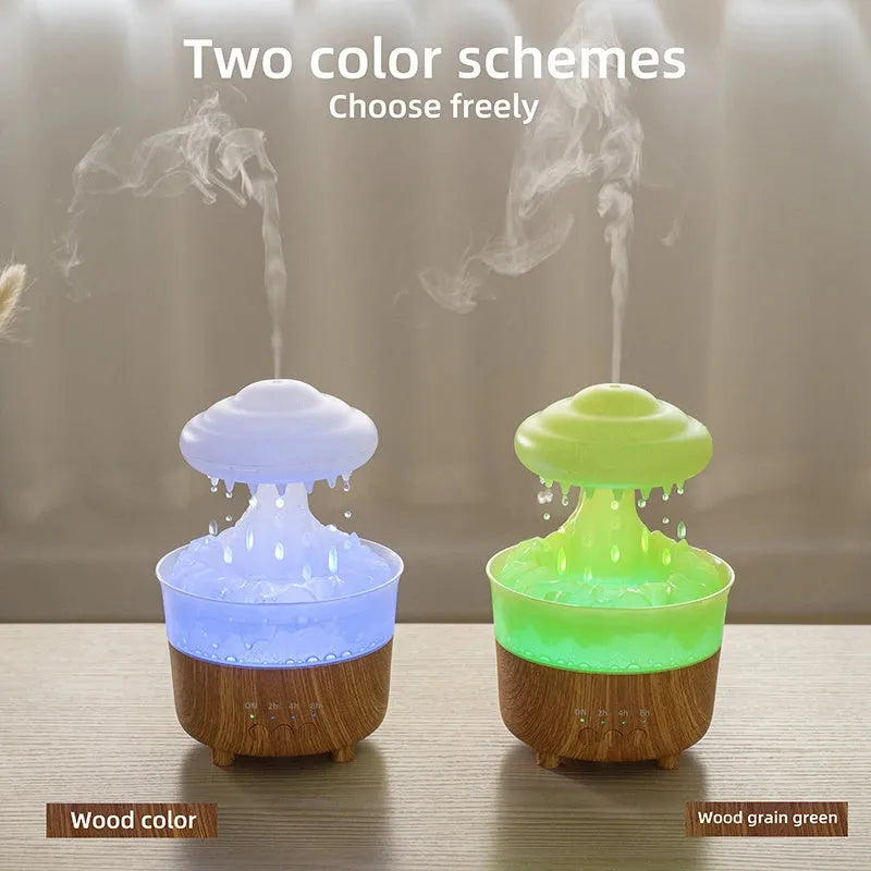 Rain cloud shaped humidifier with wood grain finish emitting mist and glowing with LED light