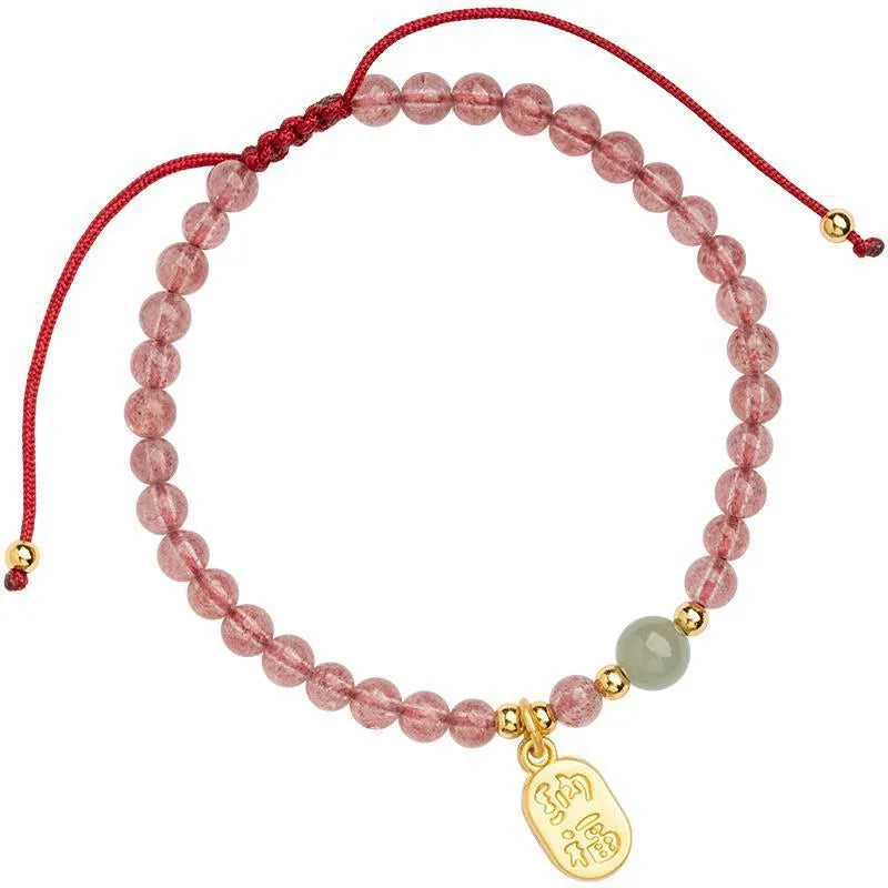 Red rope hand-woven bracelet with garnet or strawberry quartz stones in adjustable national tide style