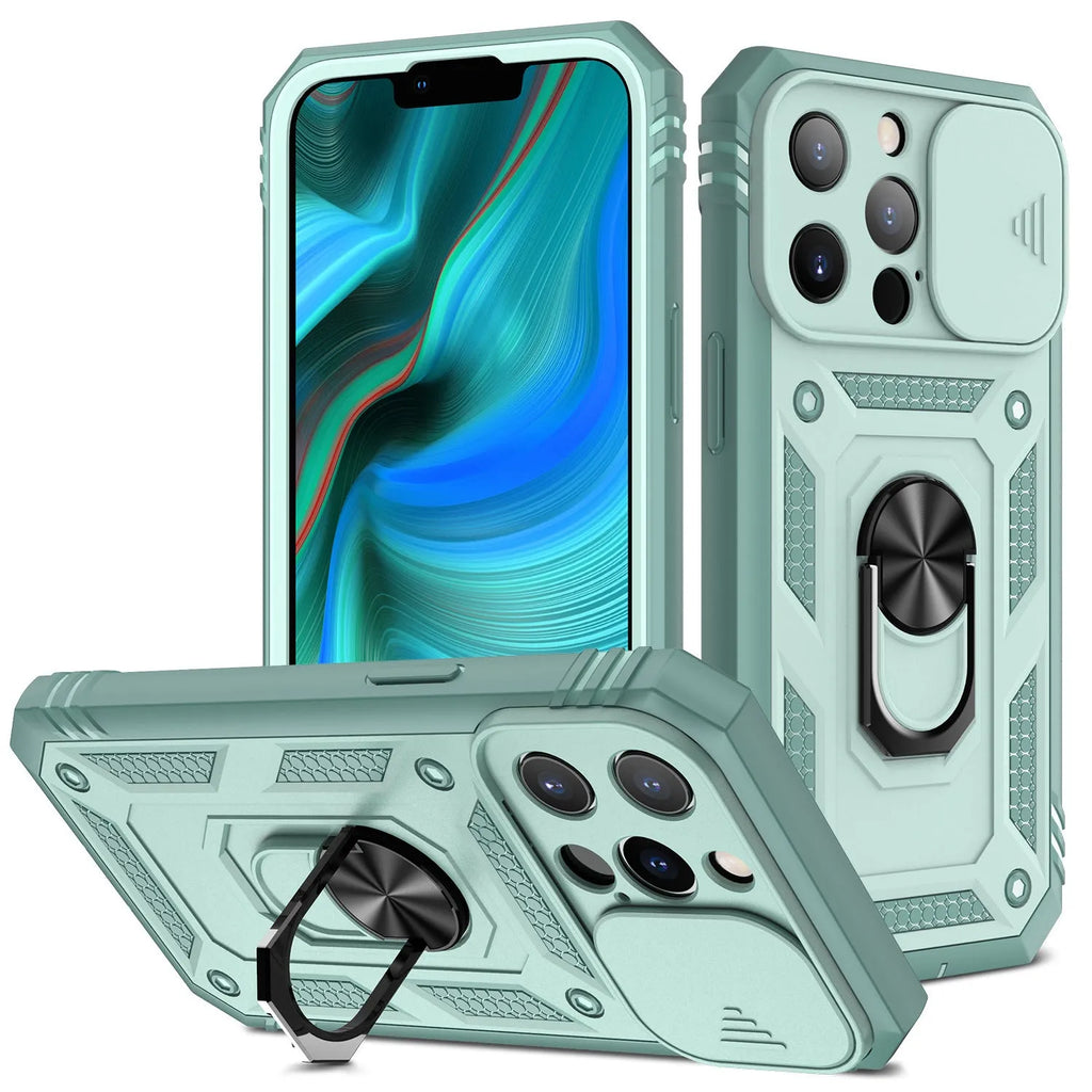 Magnetic sliding bracket mobile phone case for Apple iPhone in two-tone colour options.