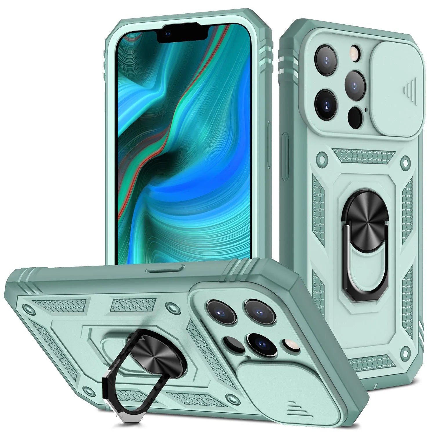 Magnetic sliding bracket mobile phone case for Apple iPhone in two-tone colour options.