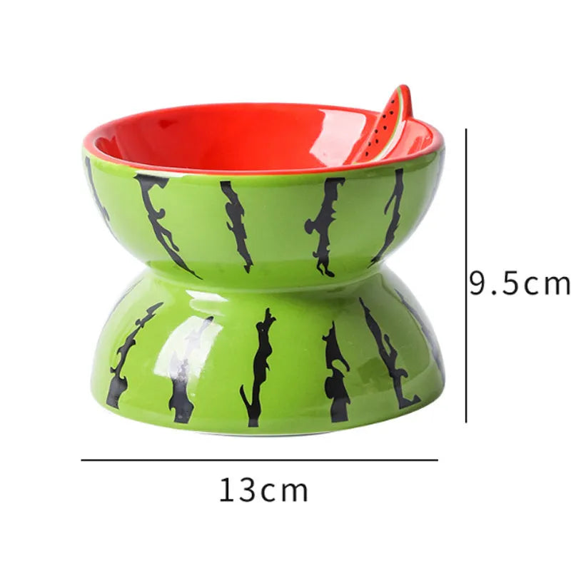 Ceramic raised cat bowl with tilted wide rim design in orange pattern for indoor cats
