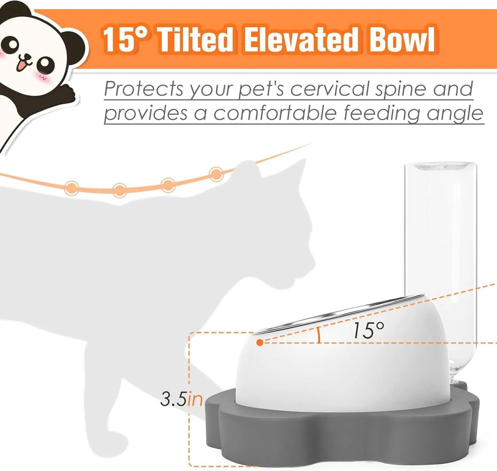 Grey panda-shaped tilted pet feeder with automatic water bottle for cats and small dogs