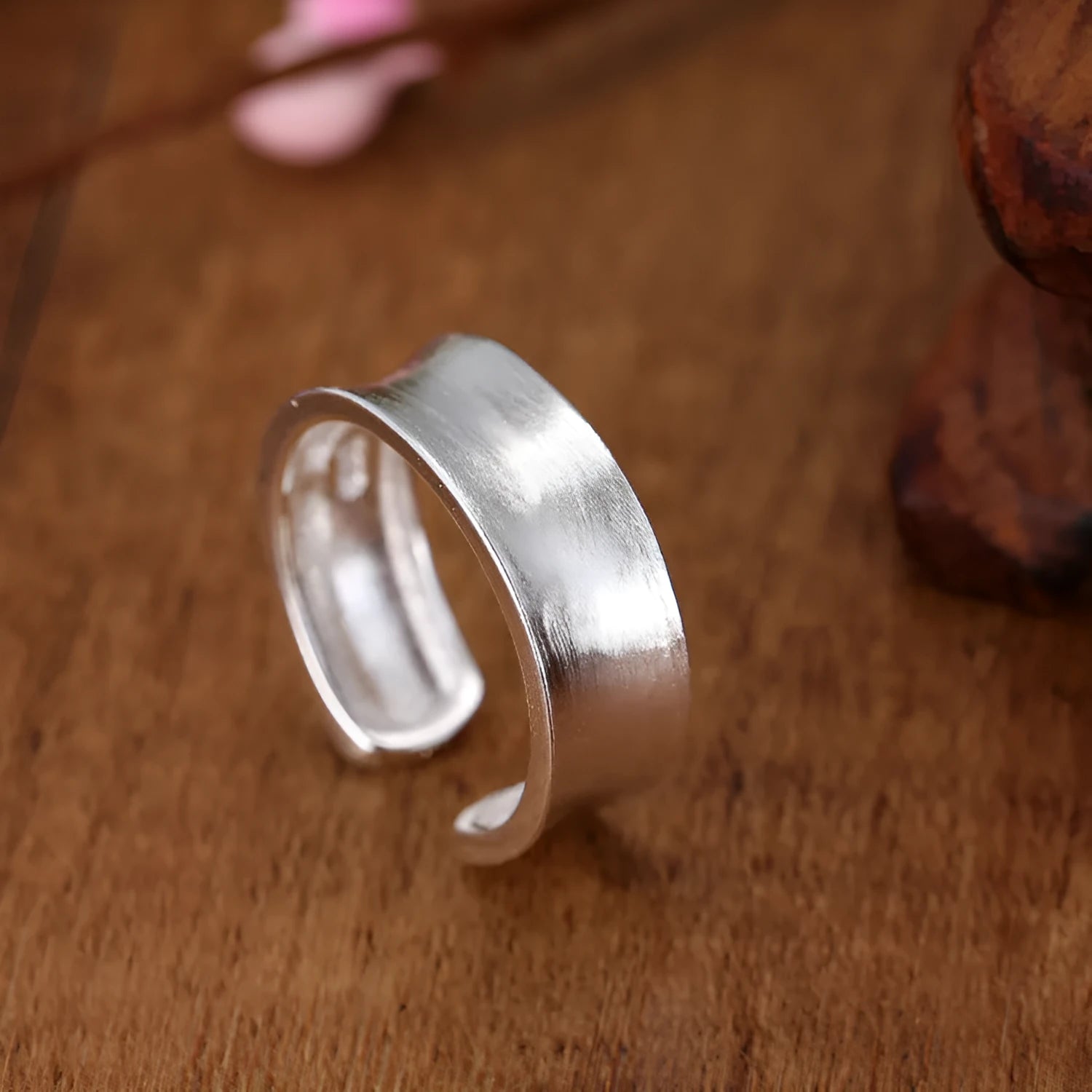 Open ring sterling silver with frosted finish and adjustable opening, geometry ornament
