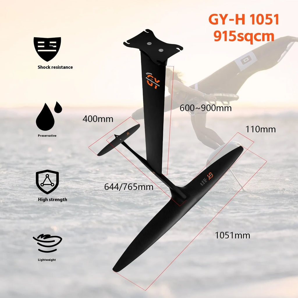 Black carbon fibre and aluminium racing hydrofoil for surfboards with large front wing