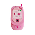 Light pink silicone flip phone case with built-in mirror for iPhone, showing cute cartoon design.