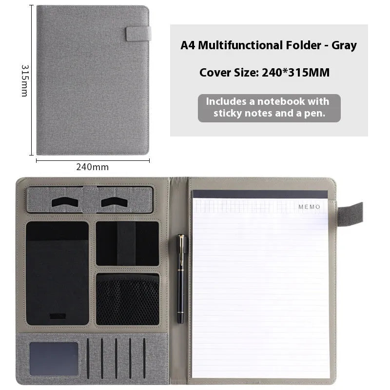 Leather A4 business folder with optional pen and notepad accessories in black colour