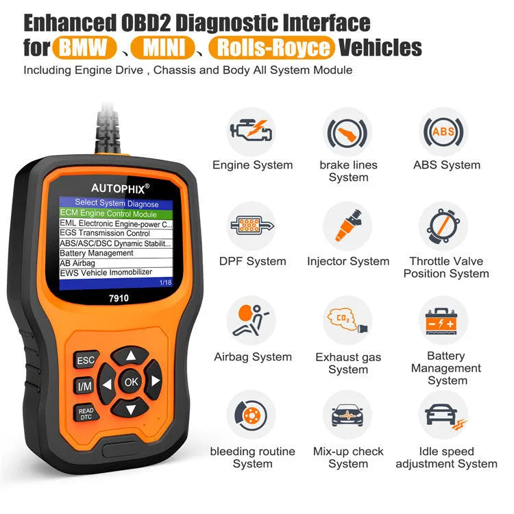 Autophix 7910 BMW diagnostic scanner OBD2 fault code reader with display showing vehicle system diagnostics