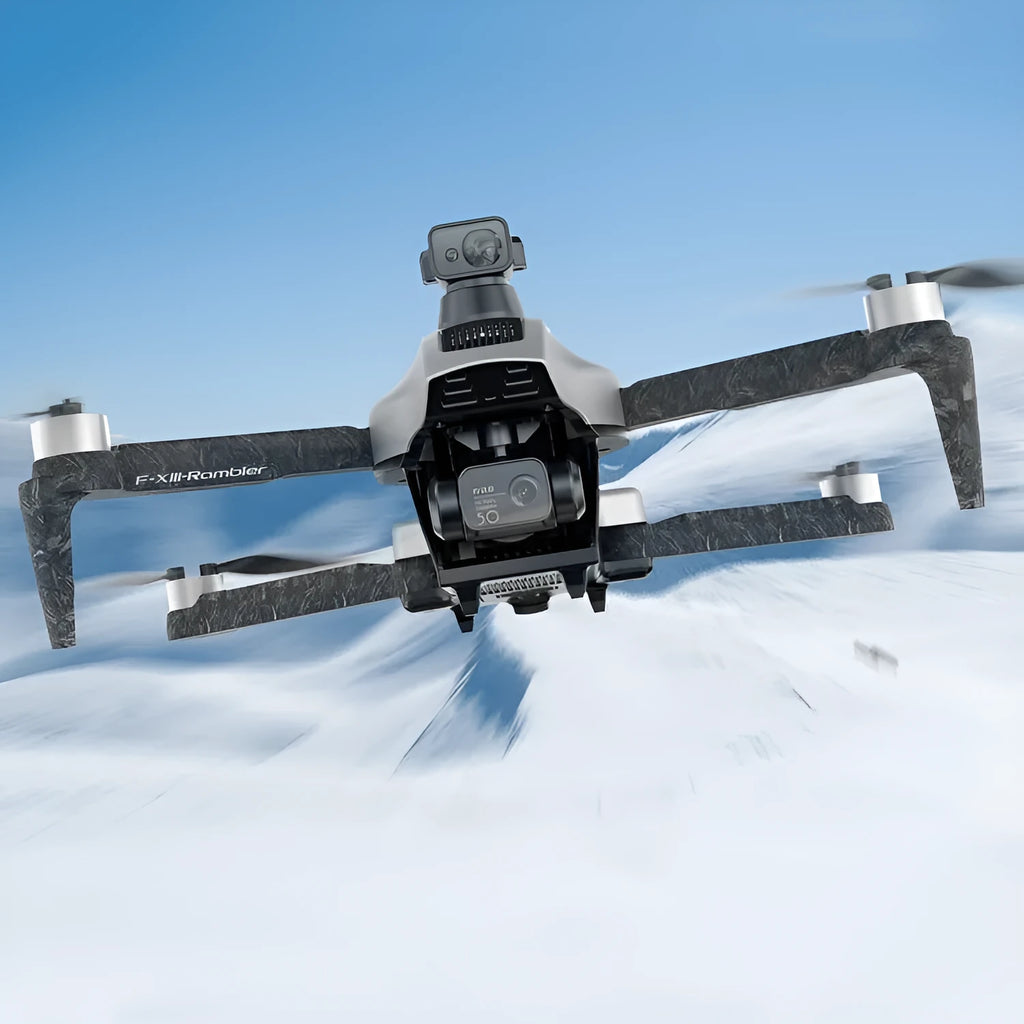White folding quadcopter drone with camera and propellers, shown next to its remote control and shoulder bag.