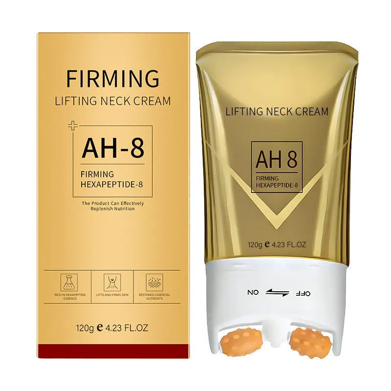 Roller neck cream in packaging with dimensions 8.8cm wide by 16.5cm high