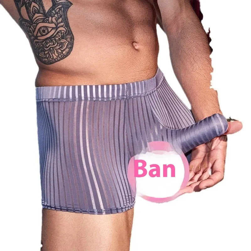 Men's black stripes nylon boxer briefs laid flat, showing vertical pattern and elastic waistband.