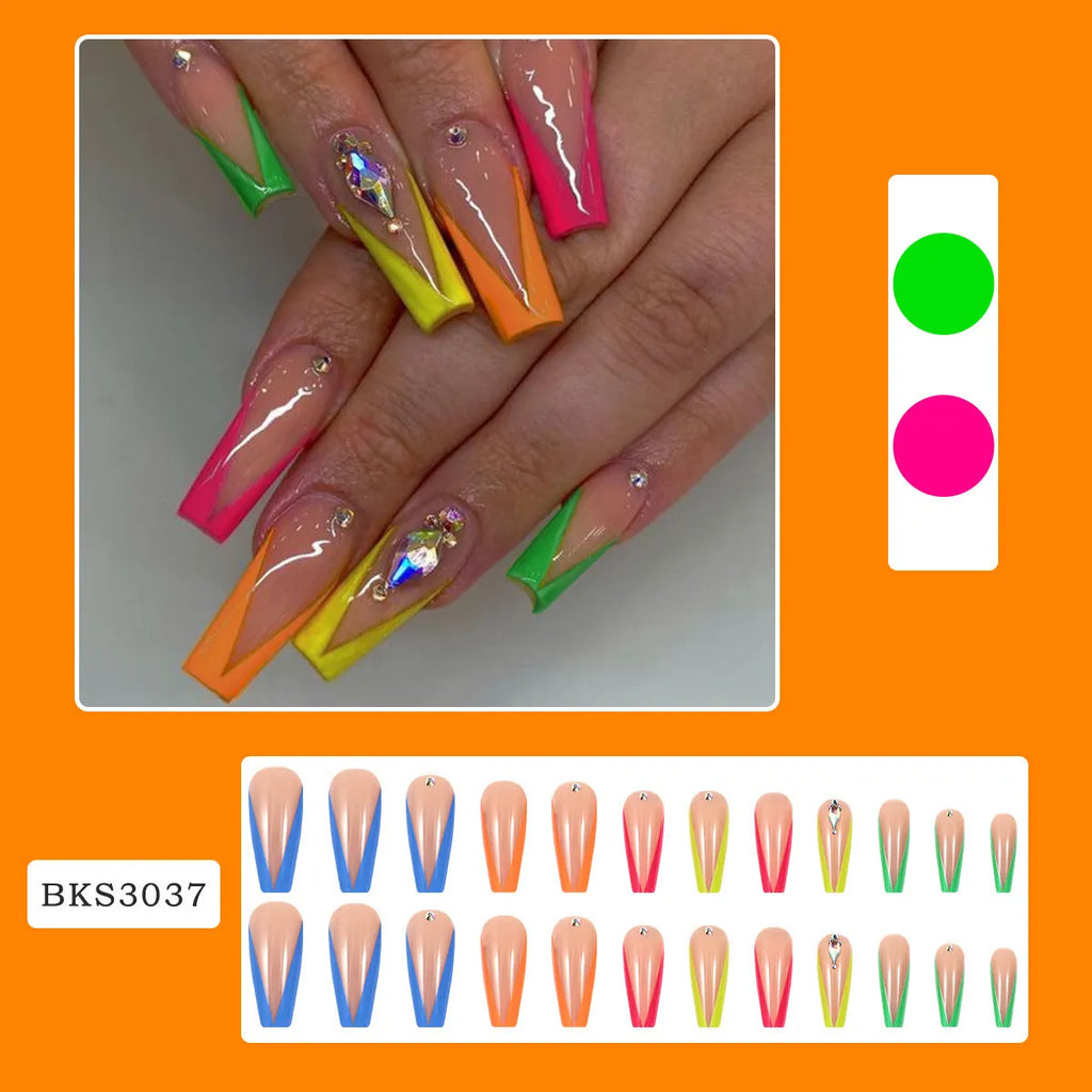 Detachable nail tip set in BKS3037 diamond colour French with cartoon, love, and cross heart patterns, shown with jelly glue and filing strip.